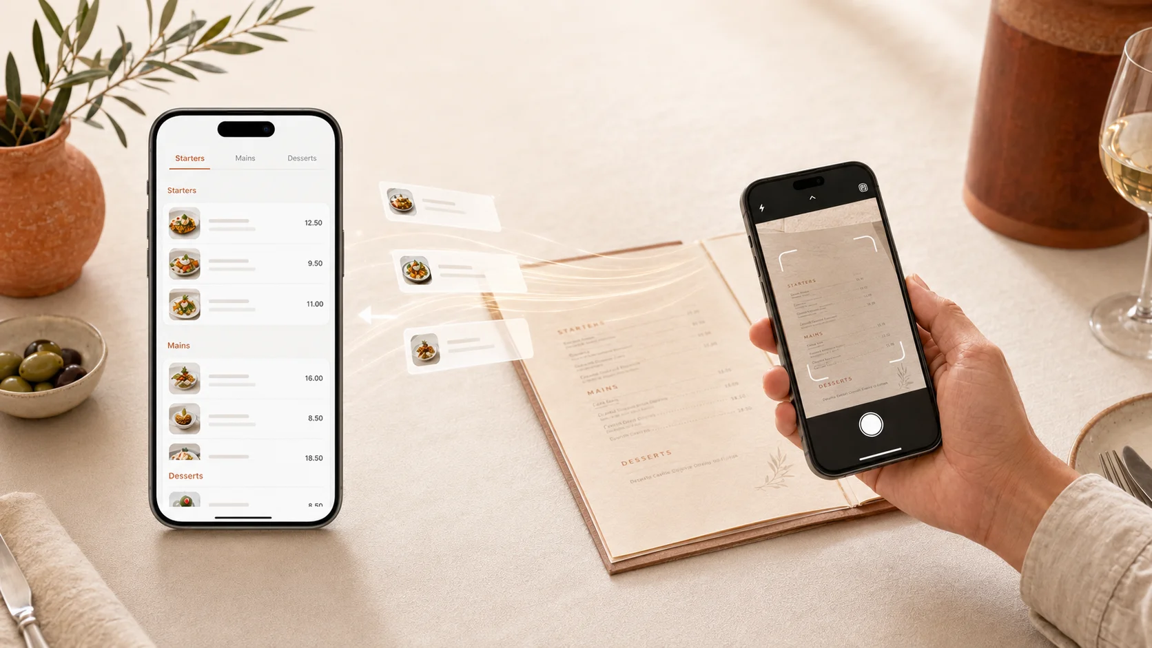 A phone photographs a paper menu and it instantly becomes a digital menu